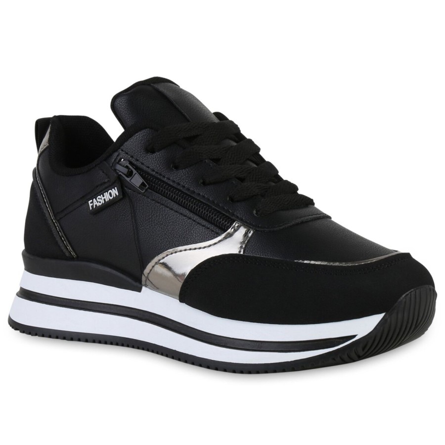 Damenschuhe Stiefelparadies | Damen Plateau Sneaker In Schwarz Silber Metallic