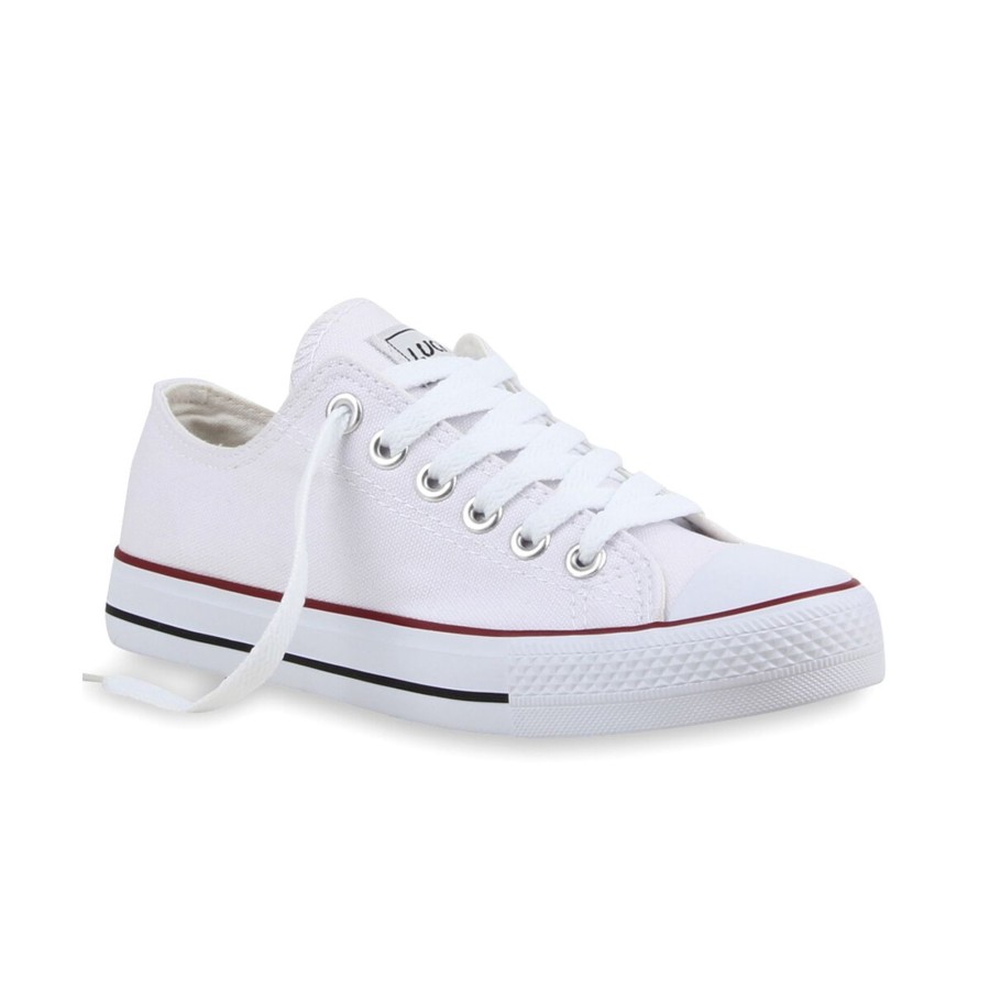 Damenschuhe Stiefelparadies | Damen Sneaker Low In Weiss Rotstreifen Lucky