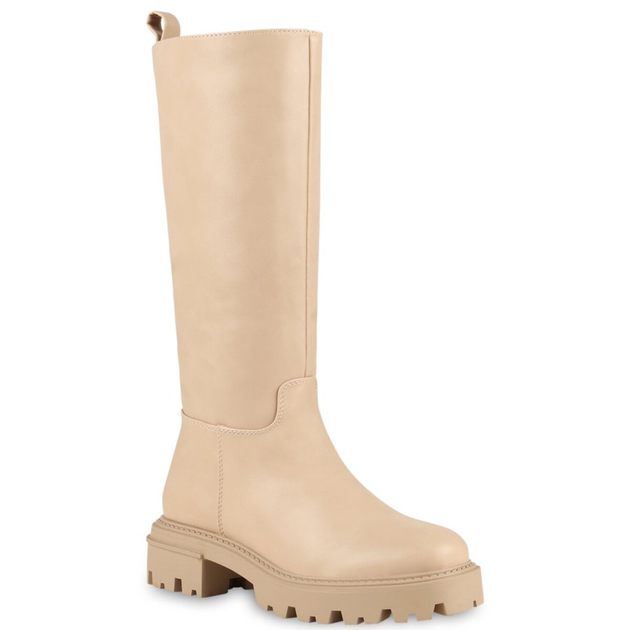 Damenschuhe Stiefelparadies | Damen Plateaustiefel In Beige