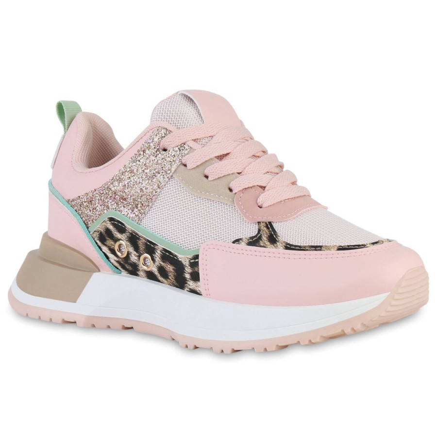 Damenschuhe Stiefelparadies | Damen Plateau Sneaker In Rosa Beige Leo