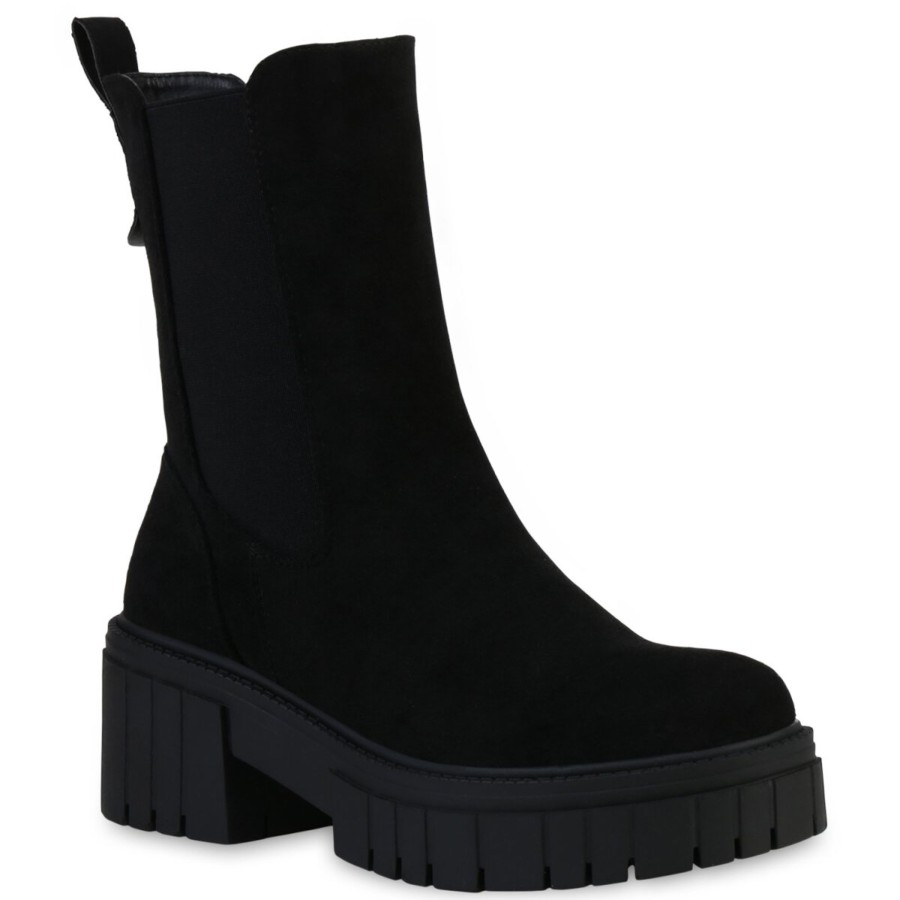 Damenschuhe Stiefelparadies | Damen Plateau Boots In Schwarz Velours