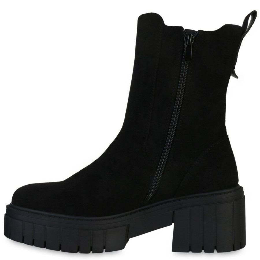 Damenschuhe Stiefelparadies | Damen Plateau Boots In Schwarz Velours