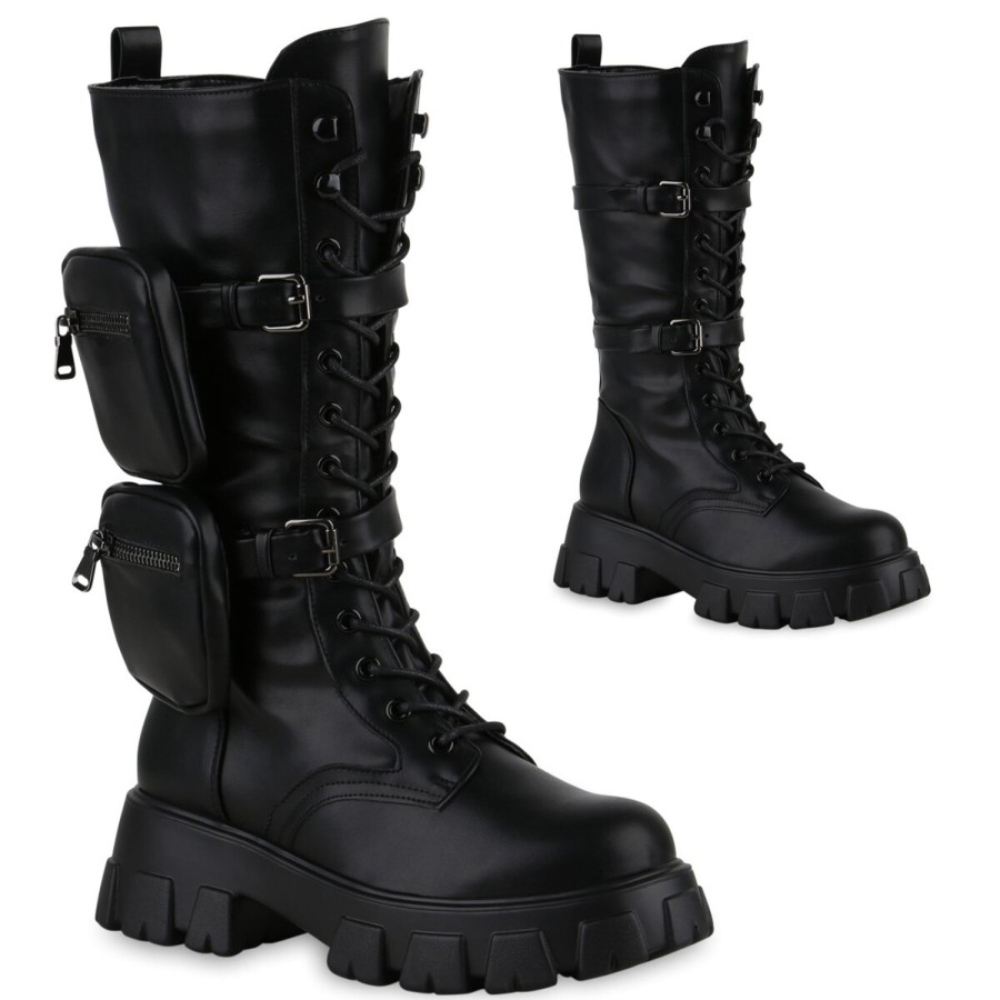 Damenschuhe Stiefelparadies | Damen Plateaustiefel In Schwarz