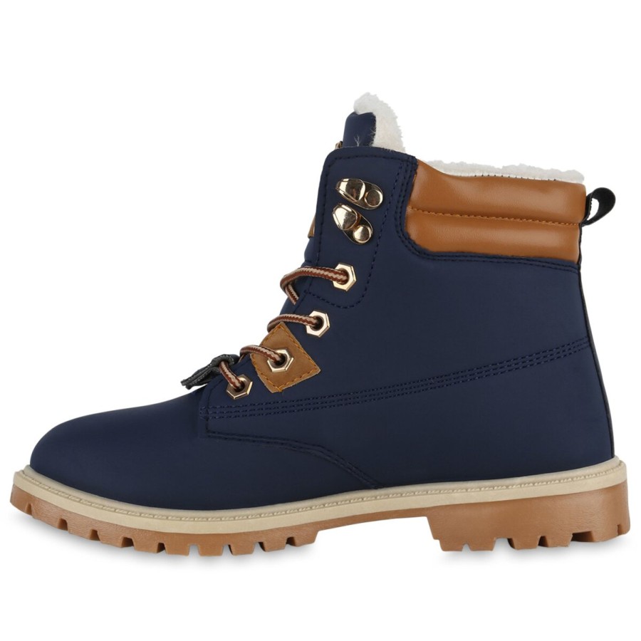 Damenschuhe Stiefelparadies | Damen Worker Boots In Dunkelblau Hellbraun