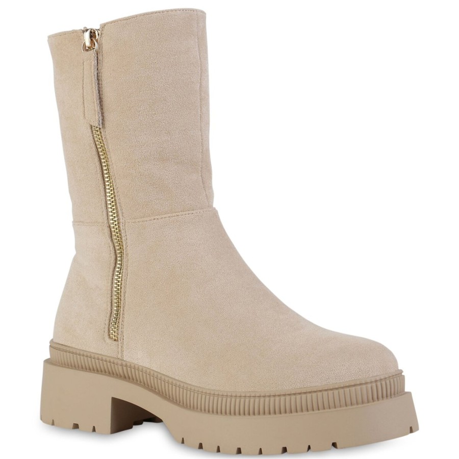 Damenschuhe Stiefelparadies | Damen Plateaustiefel In Beige