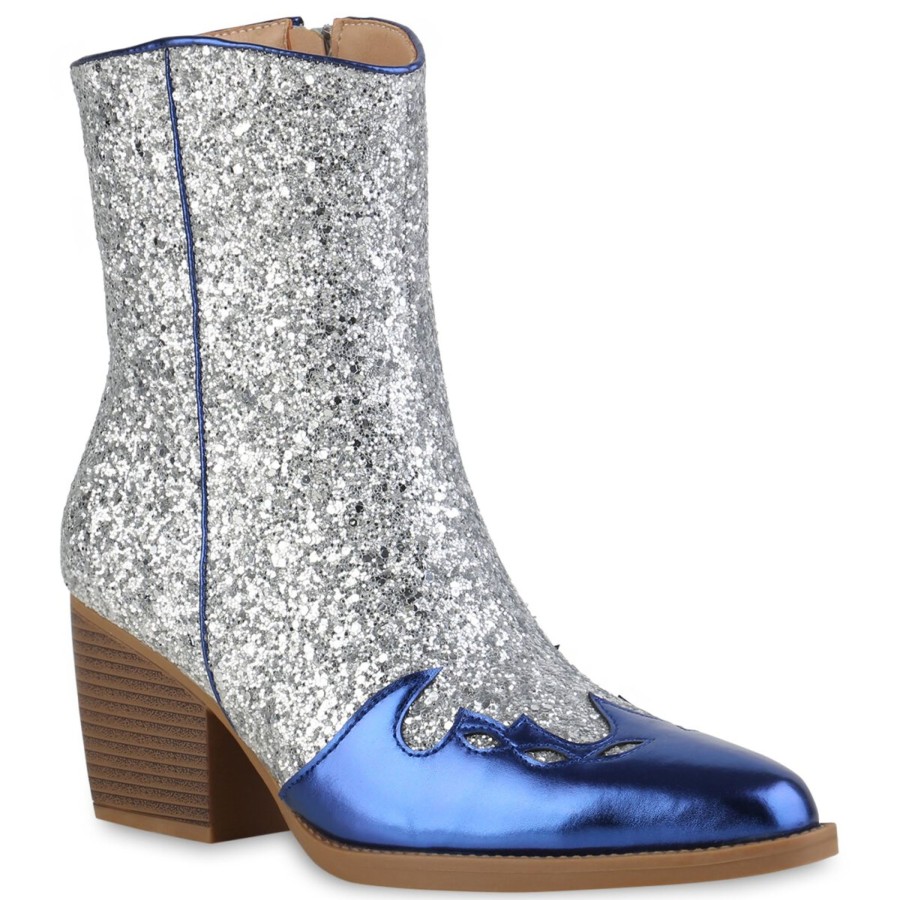 Damenschuhe Stiefelparadies | Damen Cowboy Boots In Silber Blau Metallic