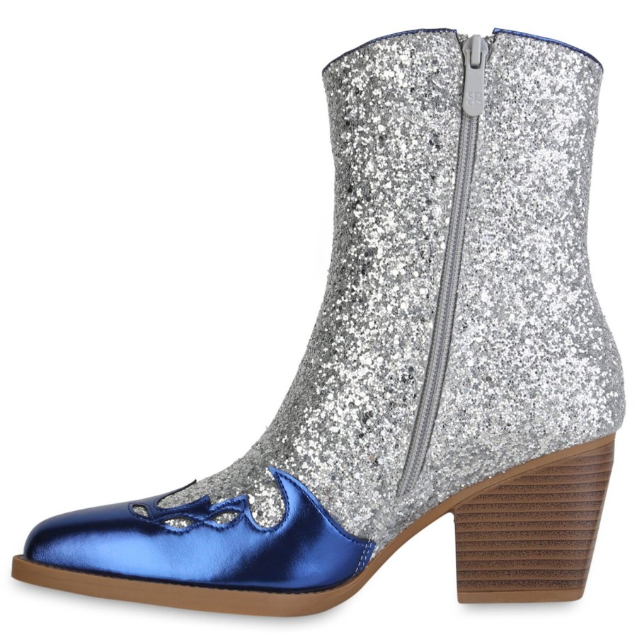 Damenschuhe Stiefelparadies | Damen Cowboy Boots In Silber Blau Metallic