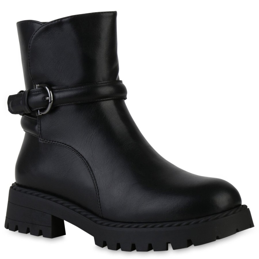 Damenschuhe Stiefelparadies | Damen Biker Boots In Schwarz