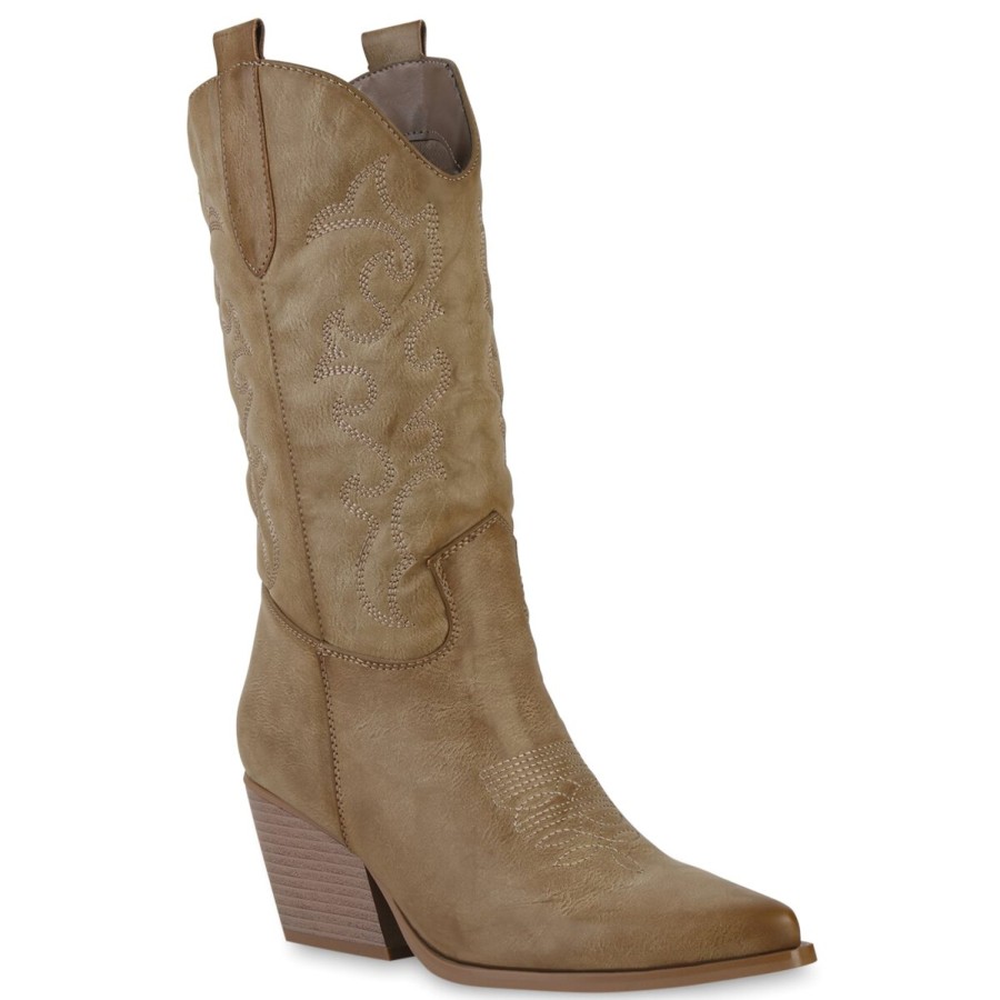 Damenschuhe Stiefelparadies | Damen Cowboystiefel In Khaki