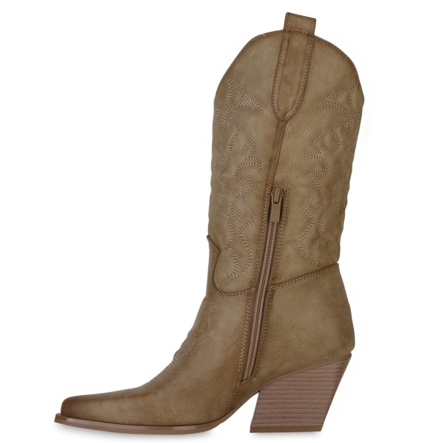 Damenschuhe Stiefelparadies | Damen Cowboystiefel In Khaki