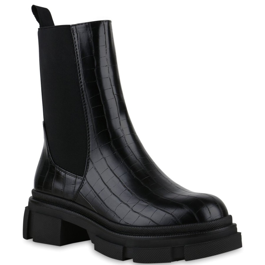 Damenschuhe Stiefelparadies | Damen Plateau Boots In Schwarz Kroko