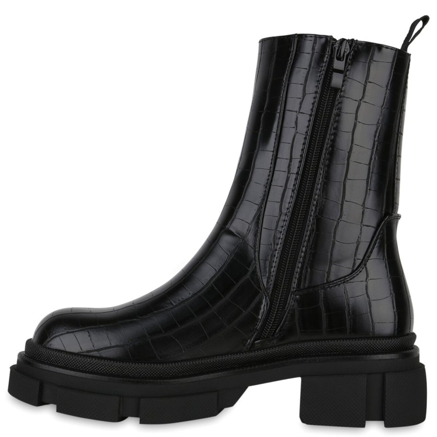 Damenschuhe Stiefelparadies | Damen Plateau Boots In Schwarz Kroko