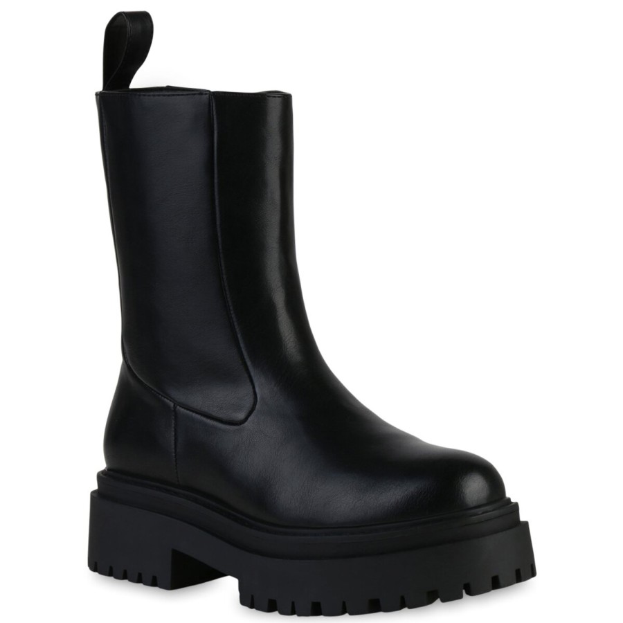 Damenschuhe Stiefelparadies | Damen Plateau Boots In Schwarz