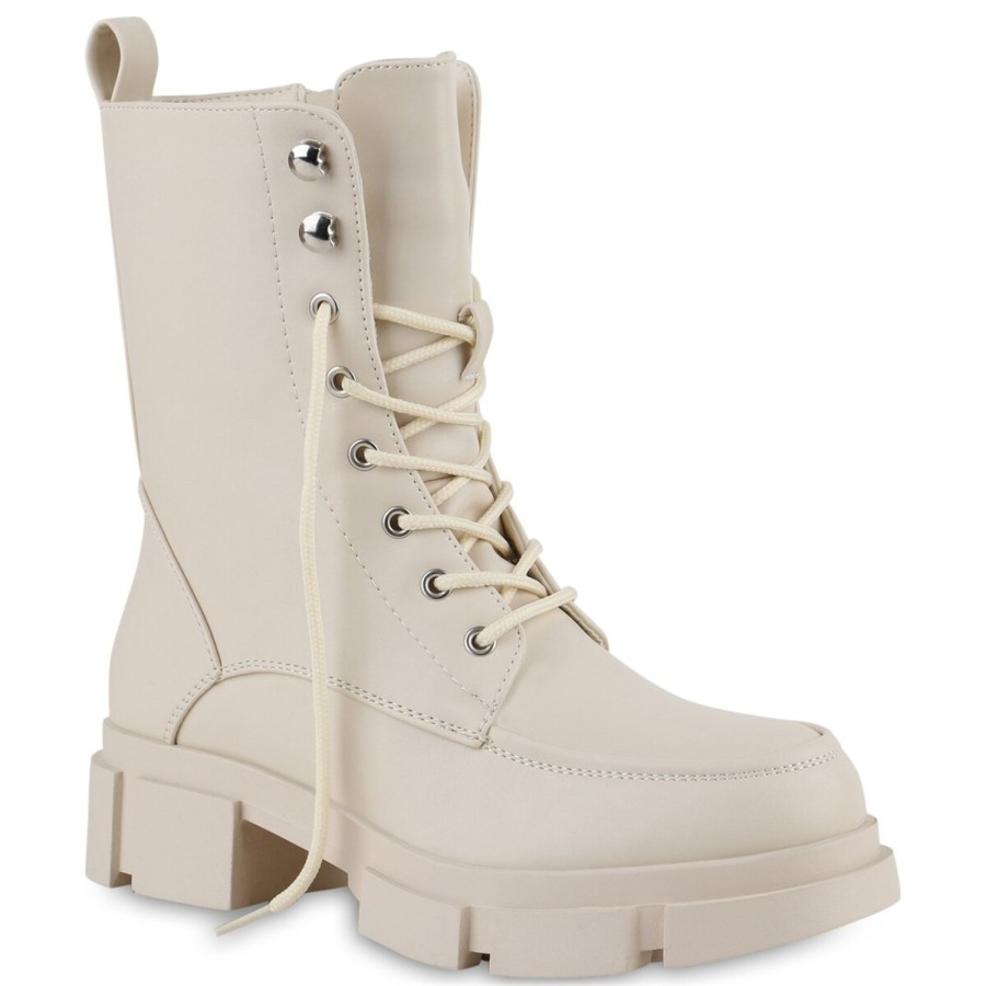 Damenschuhe Stiefelparadies | Damen Schnurstiefeletten In Creme