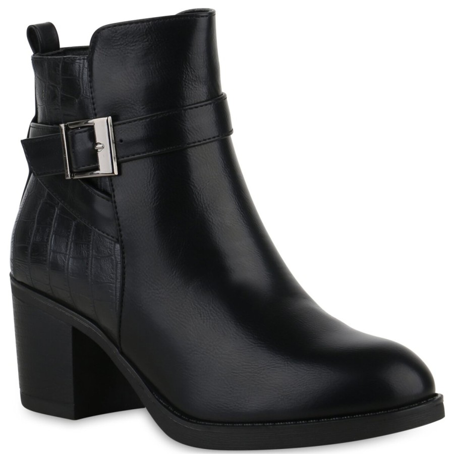 Damenschuhe Stiefelparadies | Damen Biker Boots In Schwarz Kroko