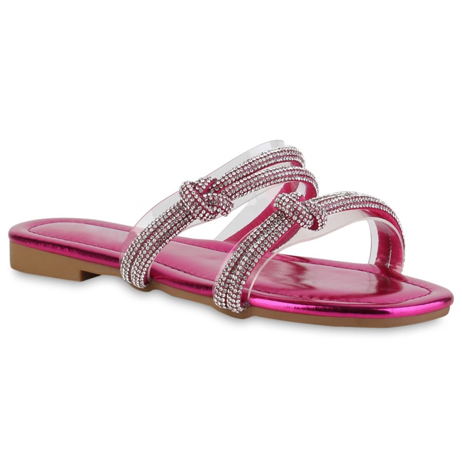 Damenschuhe Stiefelparadies | Damen Pantoletten In Fuchsia Metallic