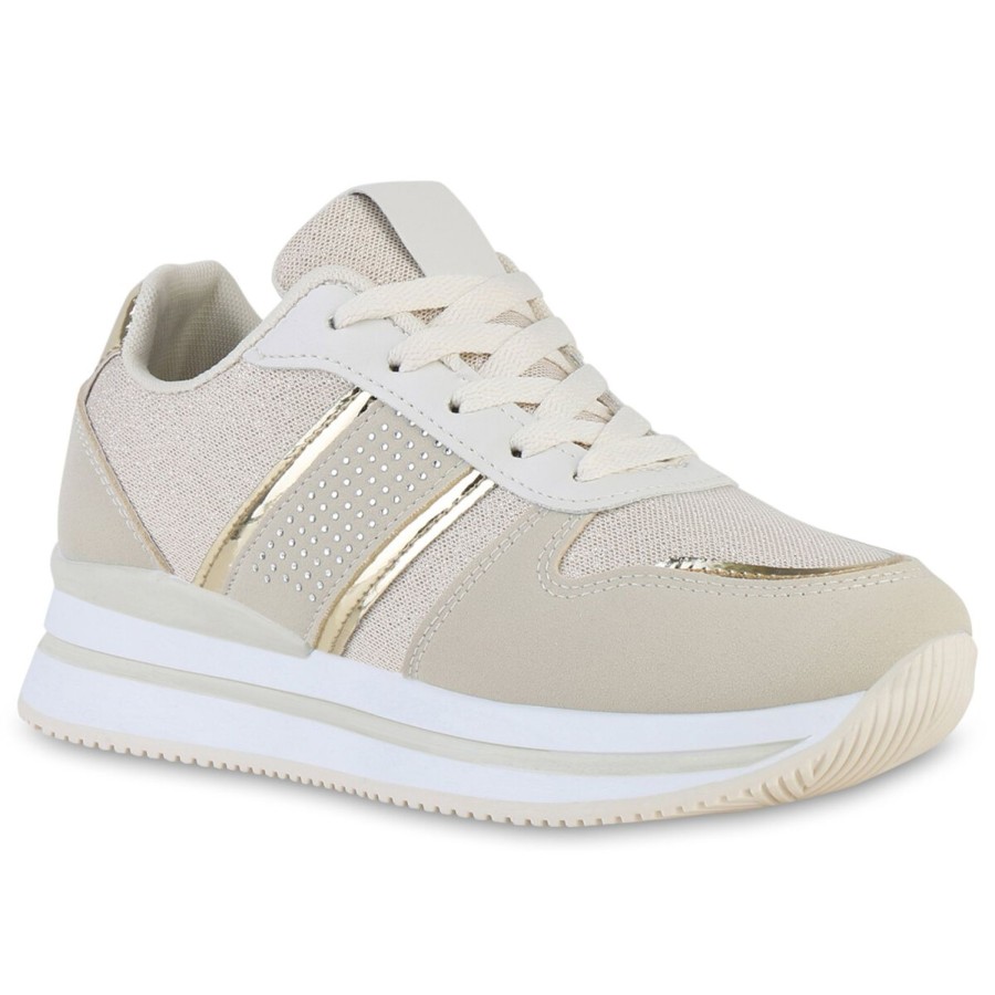 Damenschuhe Stiefelparadies | Damen Plateau Sneaker In Beige Gold Metallic