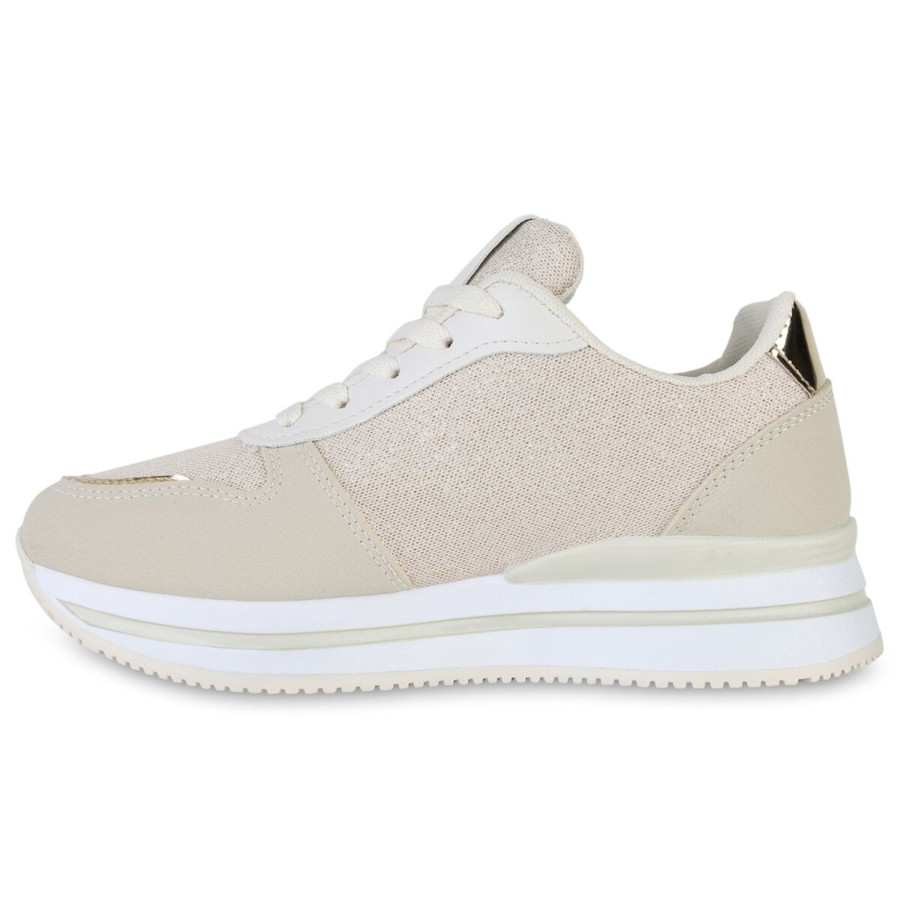 Damenschuhe Stiefelparadies | Damen Plateau Sneaker In Beige Gold Metallic