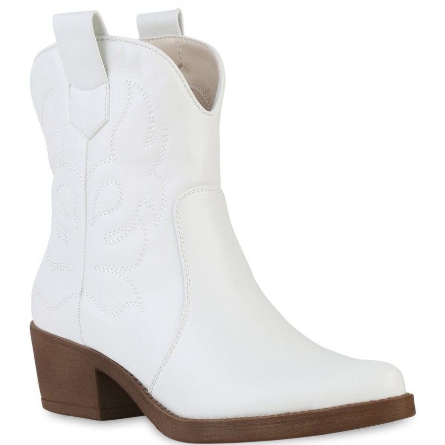 Damenschuhe Stiefelparadies | Damen Cowboy Boots In Weiss Pu