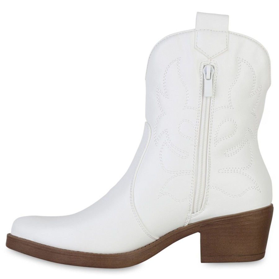 Damenschuhe Stiefelparadies | Damen Cowboy Boots In Weiss Pu