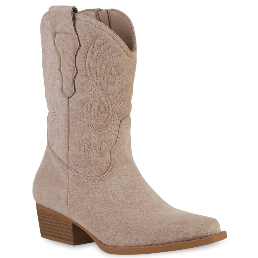 Damenschuhe Stiefelparadies | Damen Cowboy Boots In Beige