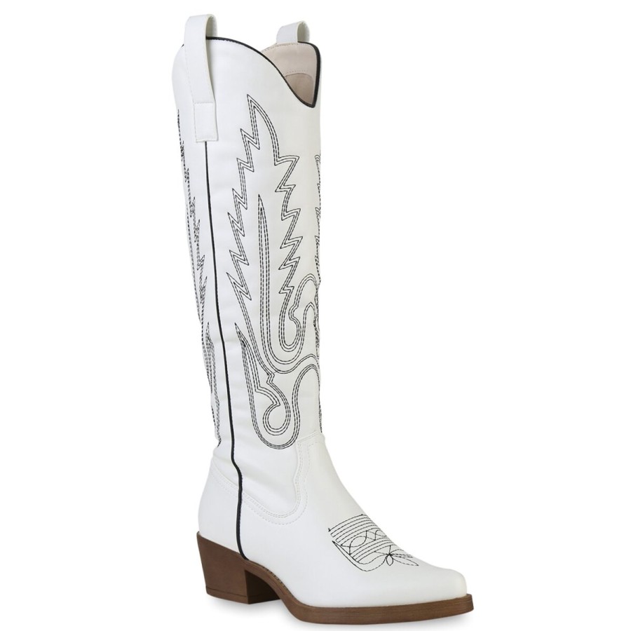 Damenschuhe Stiefelparadies | Damen Cowboystiefel In Weiss Schwarz Zebra