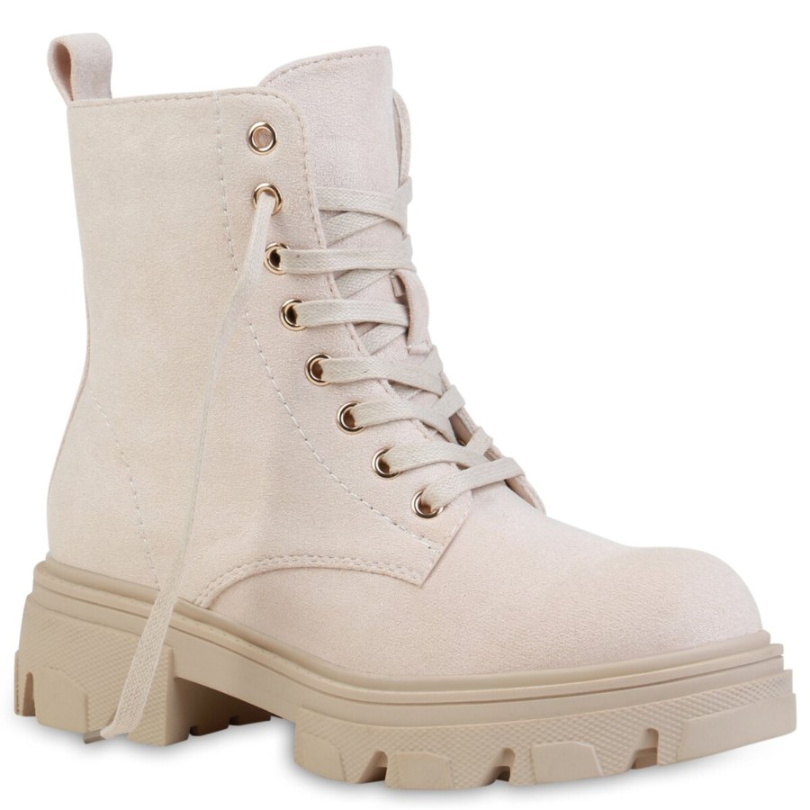 Damenschuhe Stiefelparadies | Damen Plateau Boots In Creme Velours