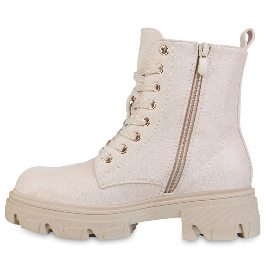 Damenschuhe Stiefelparadies | Damen Plateau Boots In Creme Velours