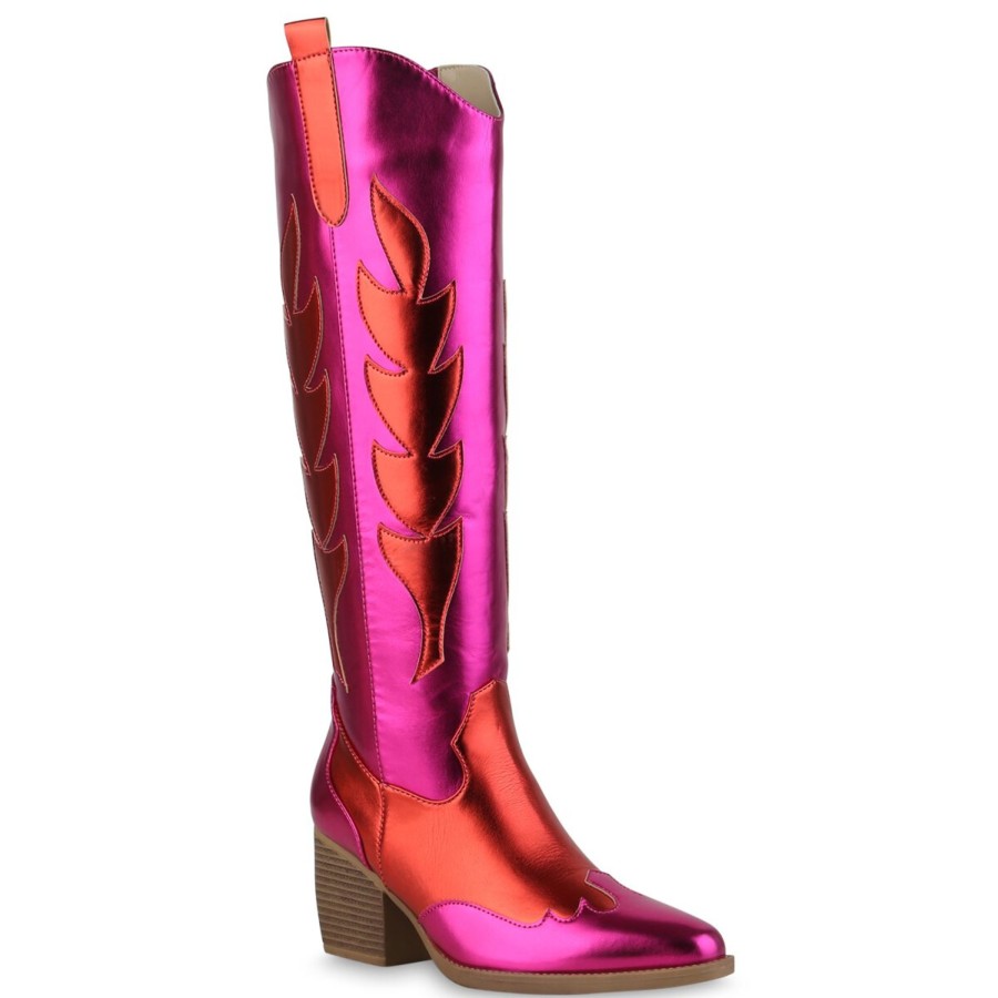 Damenschuhe Stiefelparadies | Damen Cowboystiefel In Fuchsia Rot Metallic