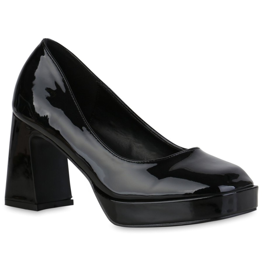 Damenschuhe Stiefelparadies | Damen Plateau Pumps In Schwarz Lack