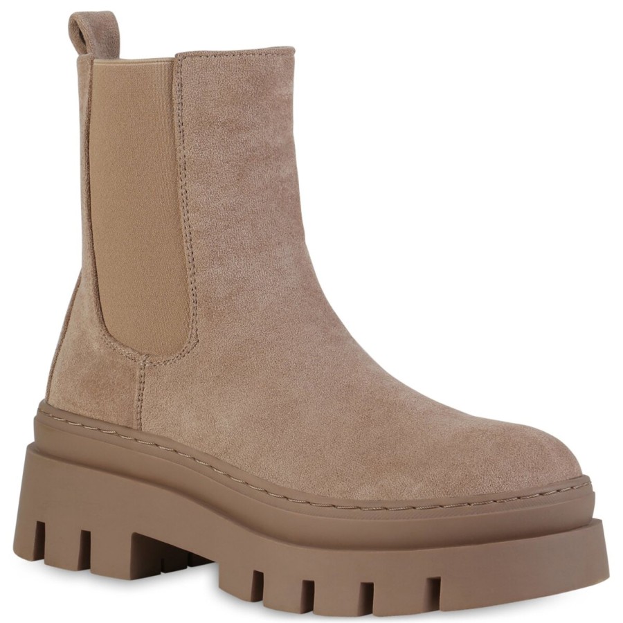 Damenschuhe Stiefelparadies | Damen Plateau Boots In Khaki Velours