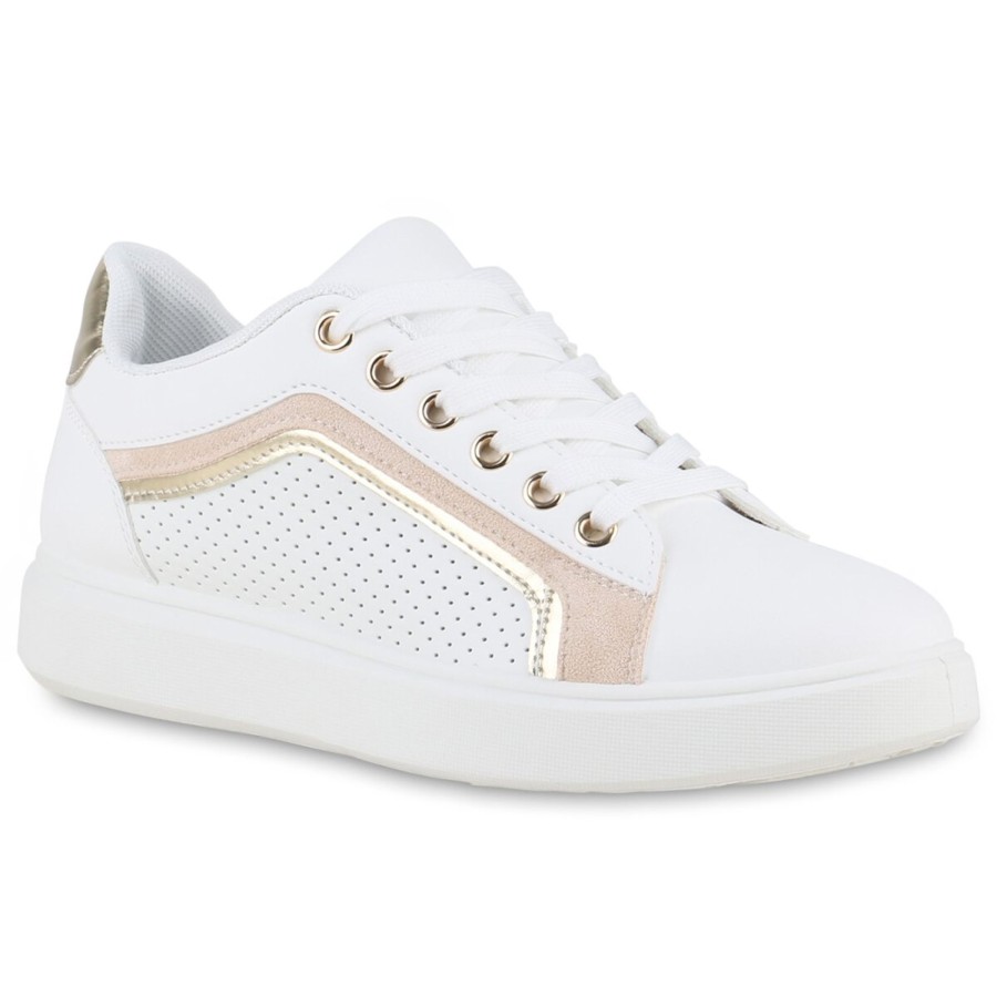 Damenschuhe Stiefelparadies | Damen Sneaker Low In Weiss Gold Metallic