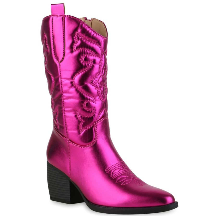 Damenschuhe Stiefelparadies | Damen Cowboystiefel In Fuchsia Metallic