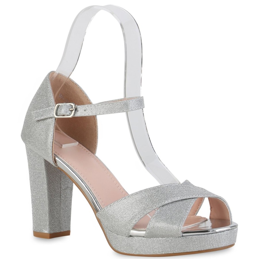 Damenschuhe Stiefelparadies | Damen Riemchensandaletten In Silber Lack