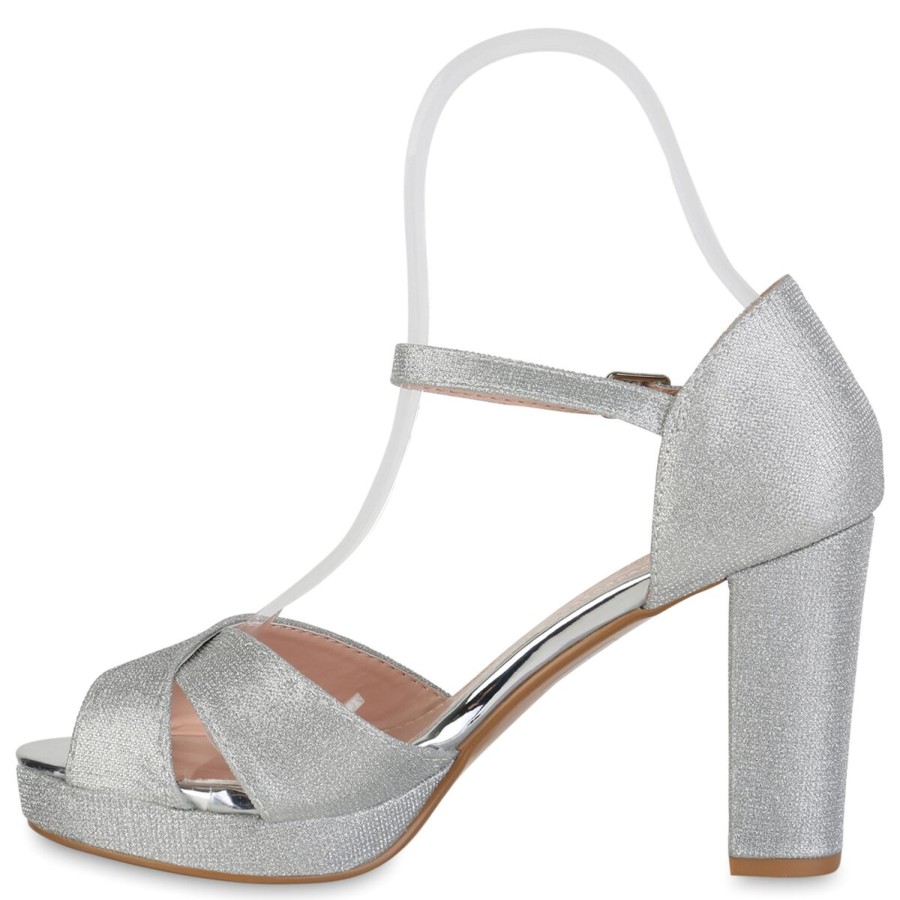 Damenschuhe Stiefelparadies | Damen Riemchensandaletten In Silber Lack