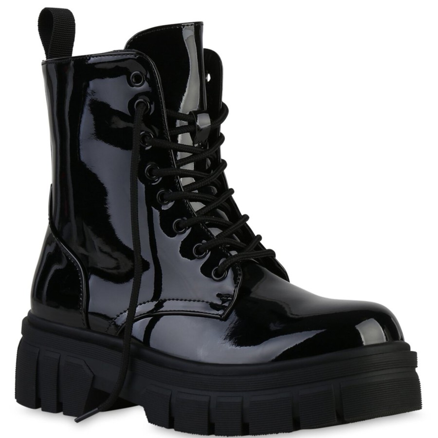 Damenschuhe Stiefelparadies | Damen Plateau Boots In Schwarz Lack