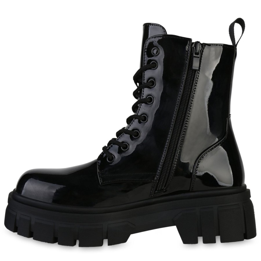 Damenschuhe Stiefelparadies | Damen Plateau Boots In Schwarz Lack