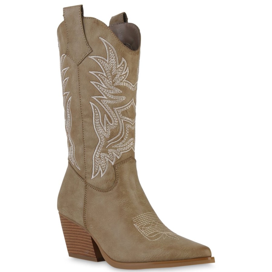 Damenschuhe Stiefelparadies | Damen Cowboystiefel In Khaki