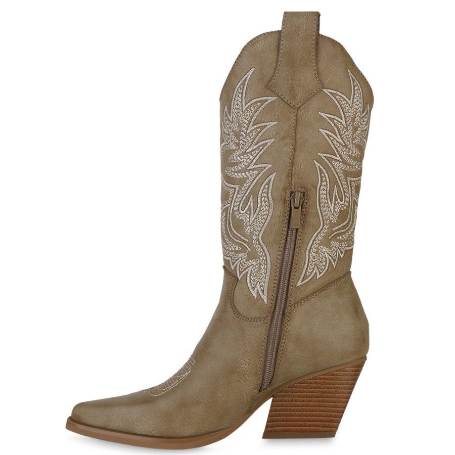 Damenschuhe Stiefelparadies | Damen Cowboystiefel In Khaki