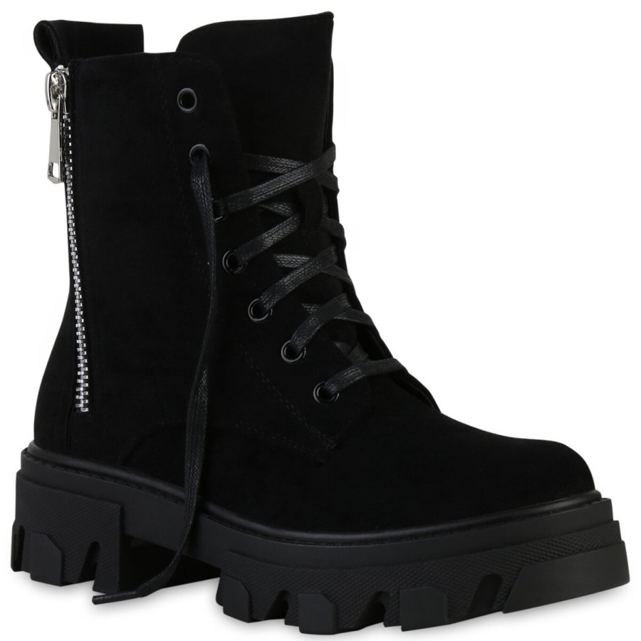 Damenschuhe Stiefelparadies | Damen Plateau Boots In Schwarz Velours