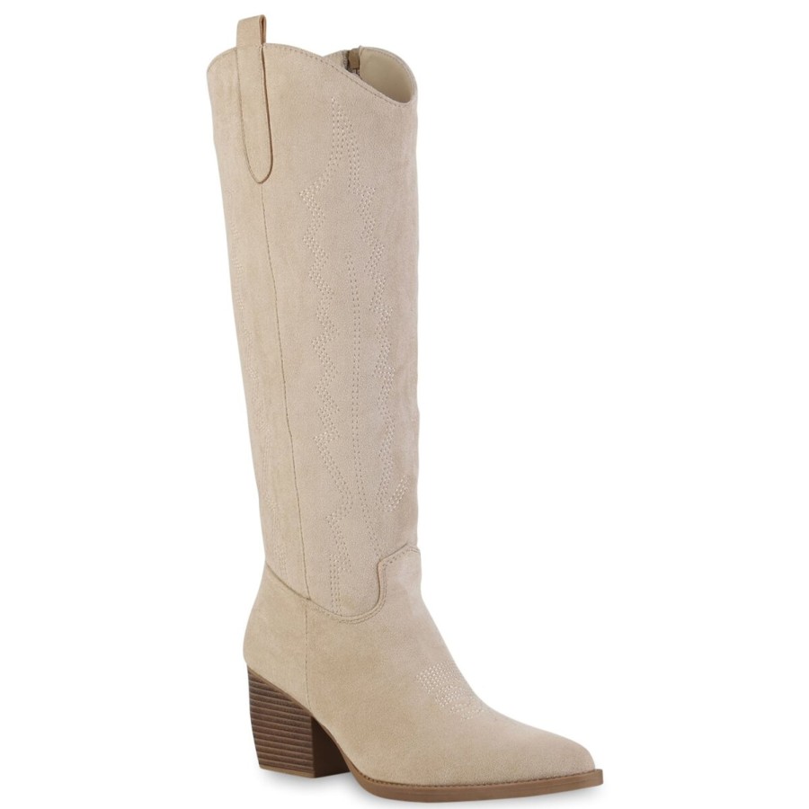 Damenschuhe Stiefelparadies | Damen Cowboystiefel In Beige Velours