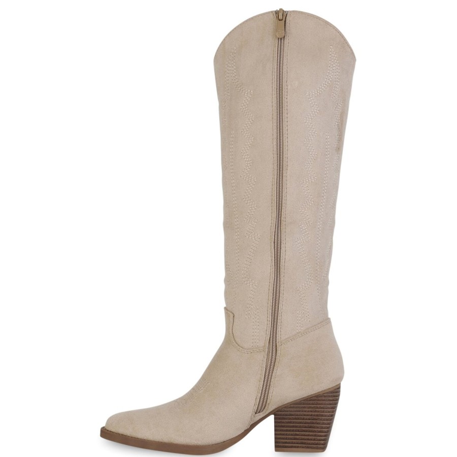 Damenschuhe Stiefelparadies | Damen Cowboystiefel In Beige Velours