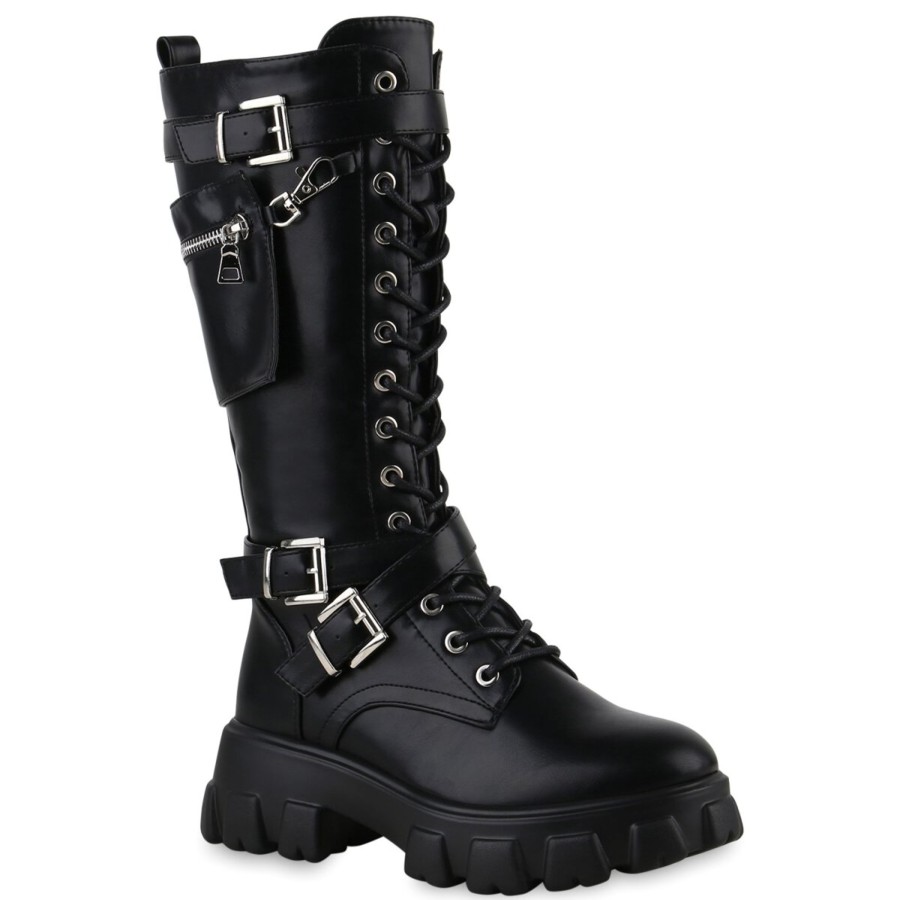 Damenschuhe Stiefelparadies | Damen Plateaustiefel In Schwarz