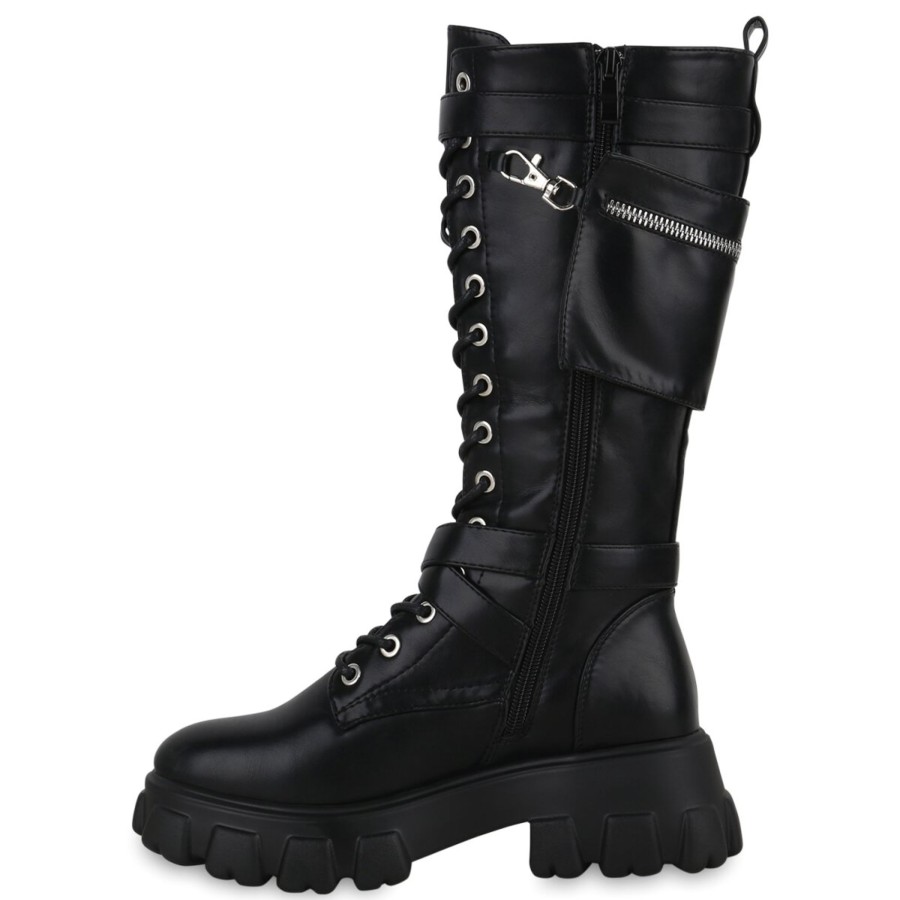 Damenschuhe Stiefelparadies | Damen Plateaustiefel In Schwarz