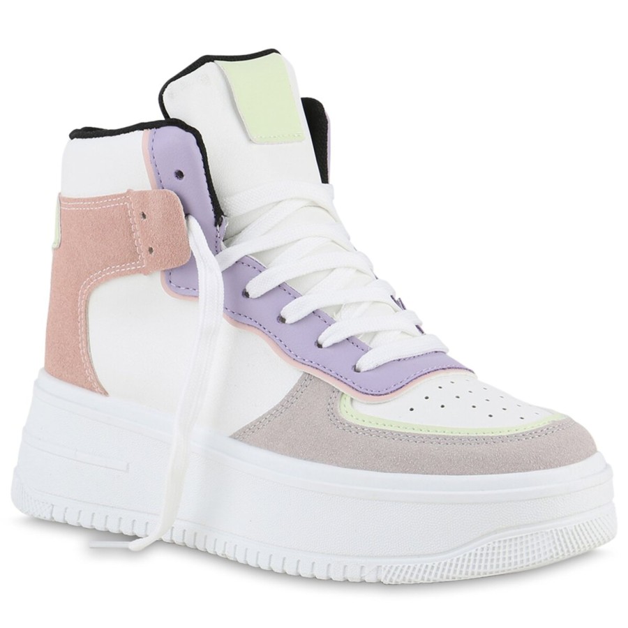 Damenschuhe Stiefelparadies | Damen Plateau Sneaker In Weiss Helllila Rosa