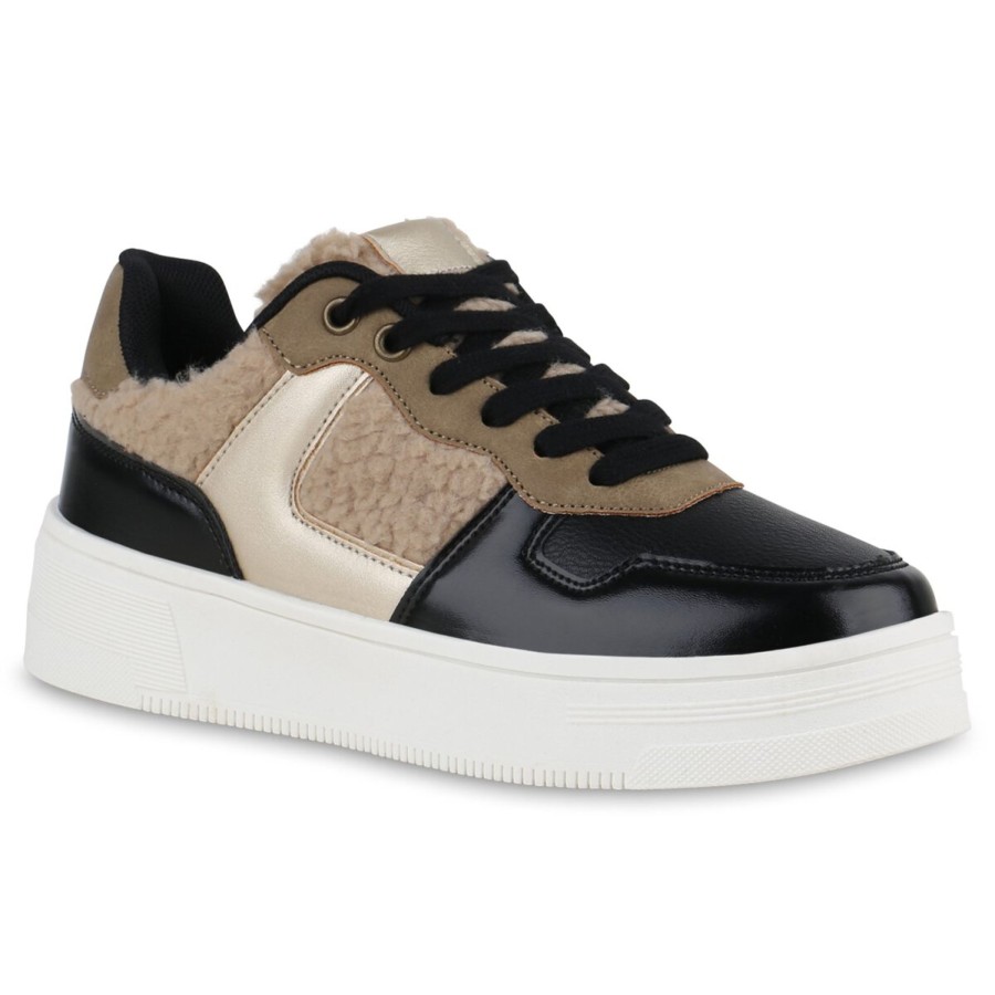 Damenschuhe Stiefelparadies | Damen Plateau Sneaker In Schwarz Beige Gold Metallic