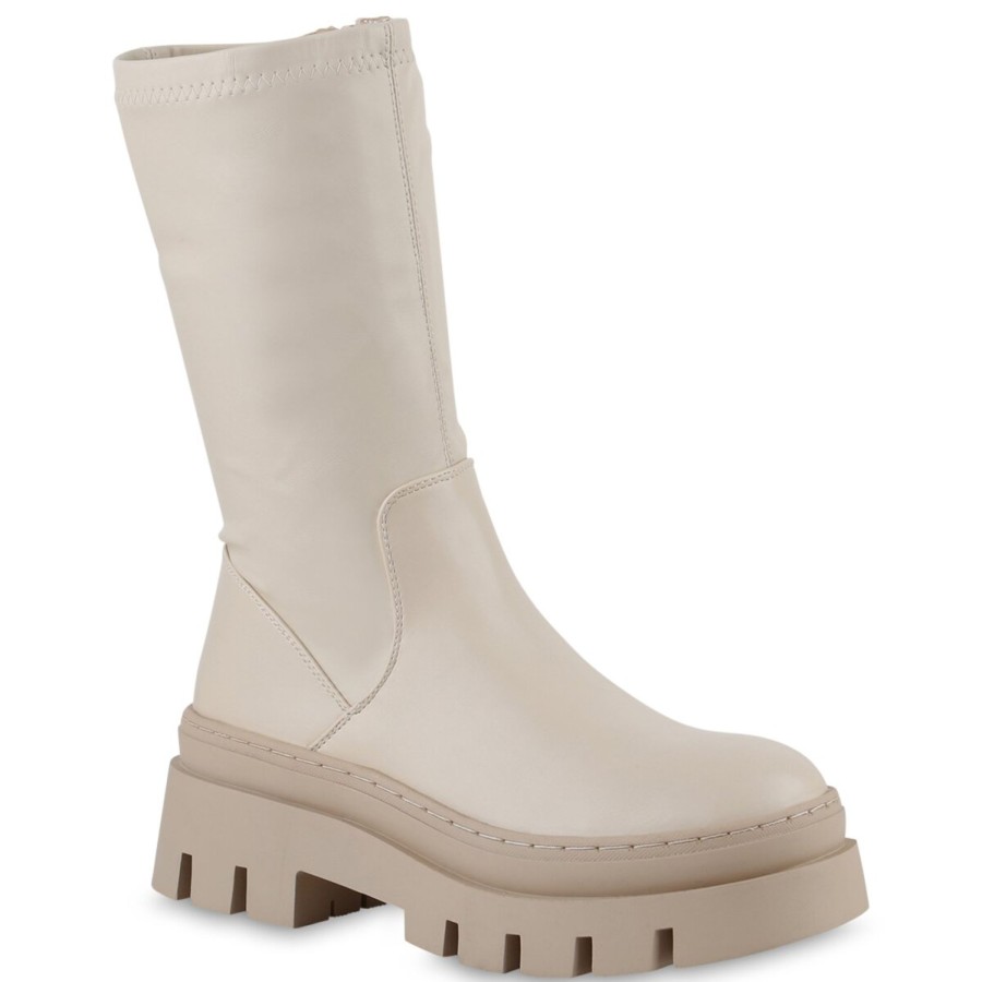 Damenschuhe Stiefelparadies | Damen Plateaustiefel In Beige