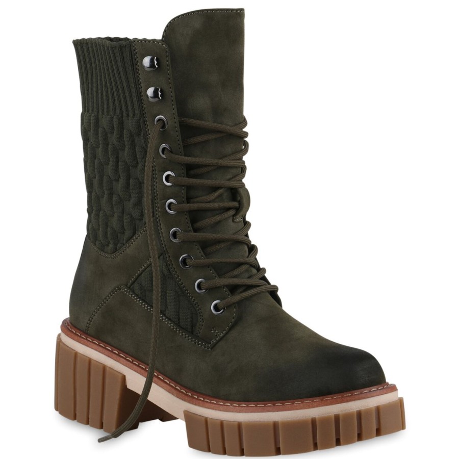 Damenschuhe Stiefelparadies | Damen Plateau Boots In Olivgrun