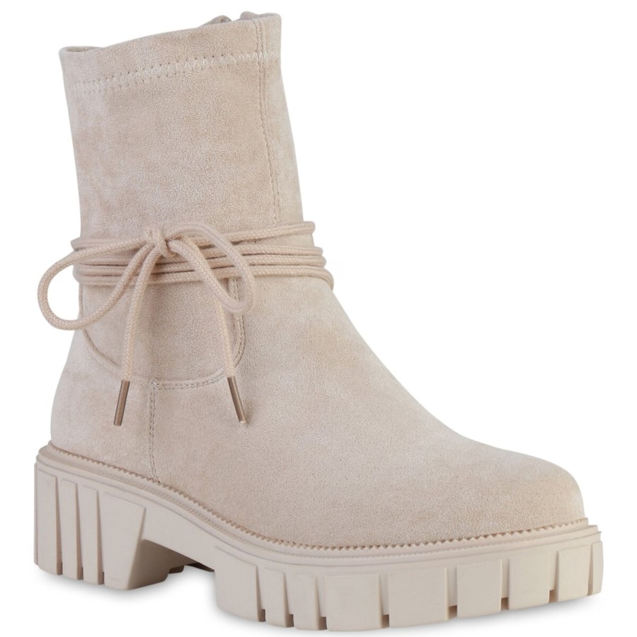 Damenschuhe Stiefelparadies | Damen Plateau Boots In Beige Velours