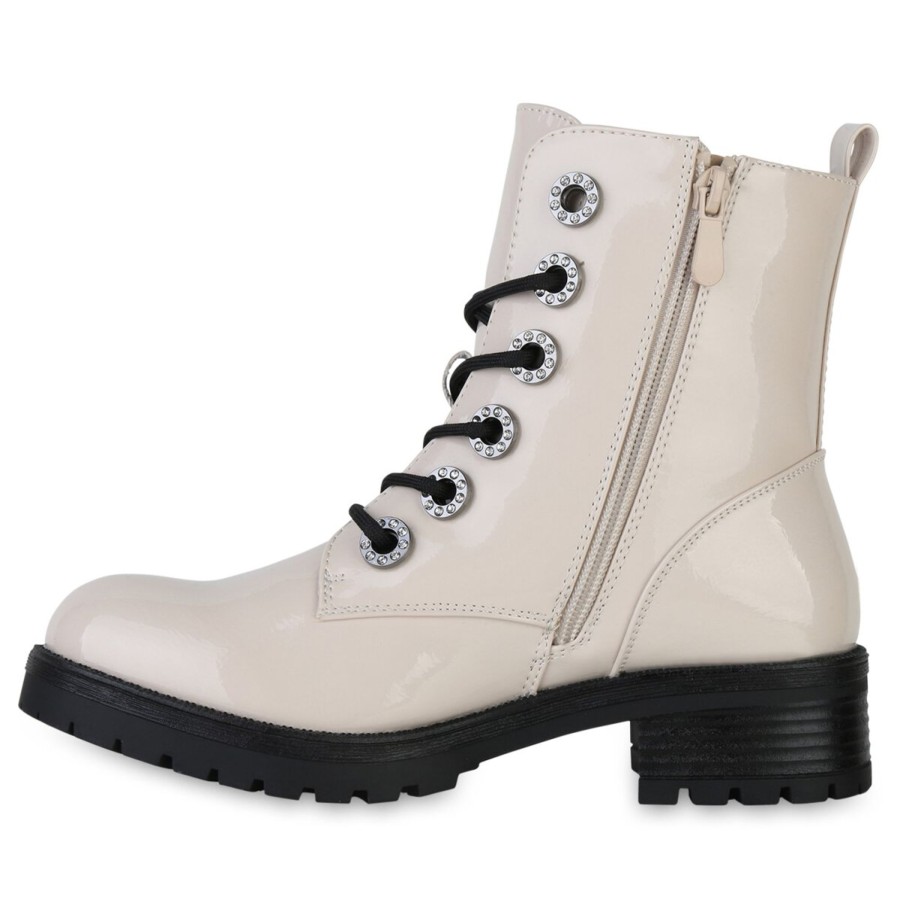 Damenschuhe Stiefelparadies | Damen Schnurstiefeletten In Beige Lack